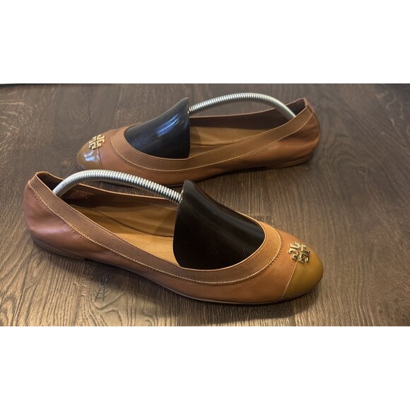Tory Burch Jolie Tan Beige Leather Patent Cap Toe Ballet Flats Womens Size 11 M - Picture 1 of 8